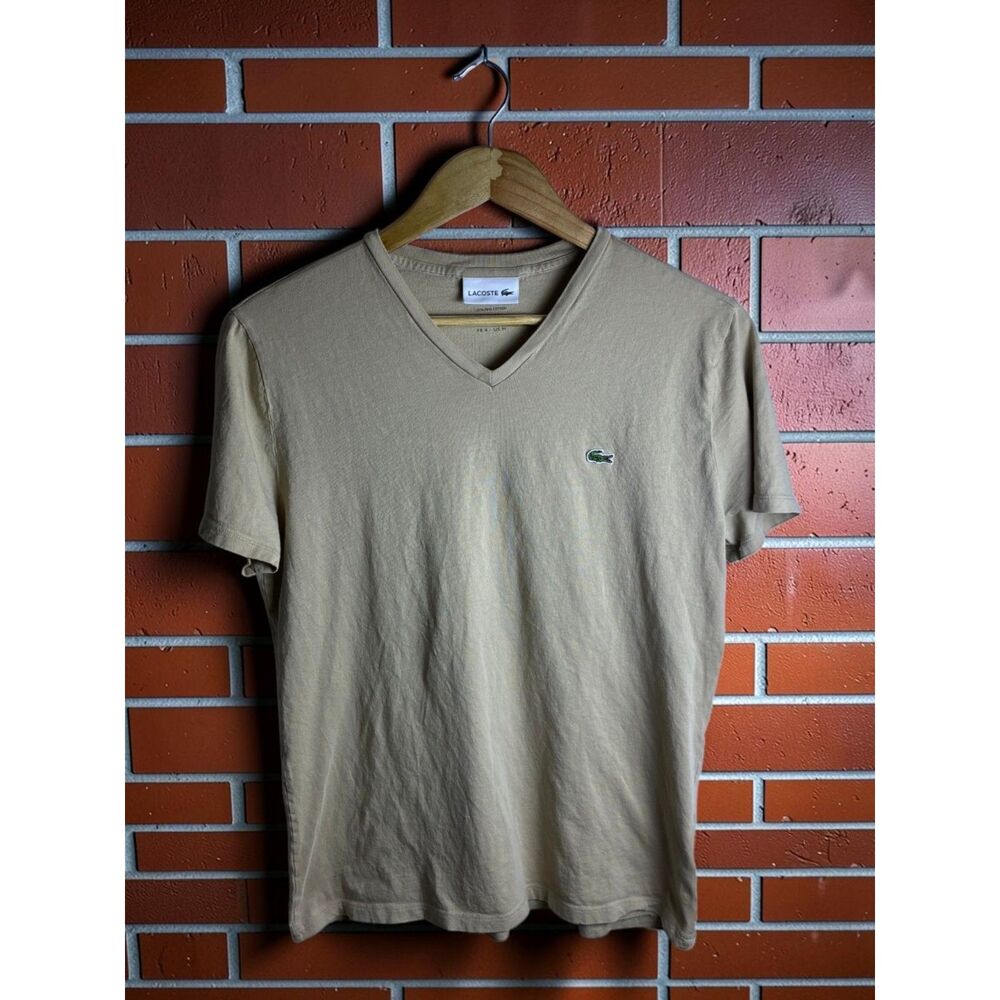 Lacoste Pima Cotton V Neck T Shirt Men's Medium Beige Tan